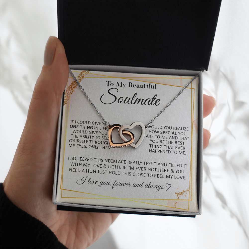 Couples Gifts To My Beautiful Soulmate Necklace From Husband, Necklace For Wife From Husband, Wife Wedding From Husband, To My Wife, Necklace Custom Name Message Card and Gift Box Styles on Birthday, Christmas, Wedding, Anniversary Interlocking Heart