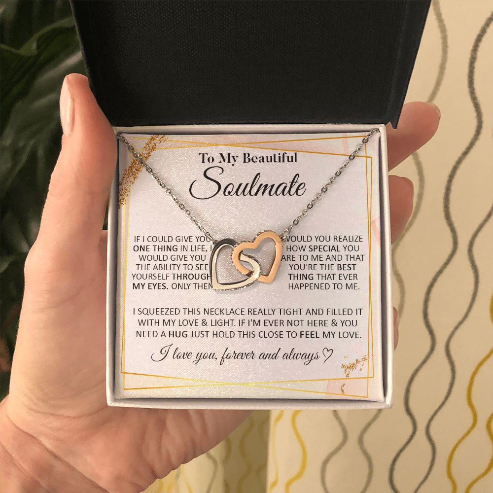 Couples Gifts To My Beautiful Soulmate Necklace From Husband, Necklace For Wife From Husband, Wife Wedding From Husband, To My Wife, Necklace Custom Name Message Card and Gift Box Styles on Birthday, Christmas, Wedding, Anniversary Interlocking Heart