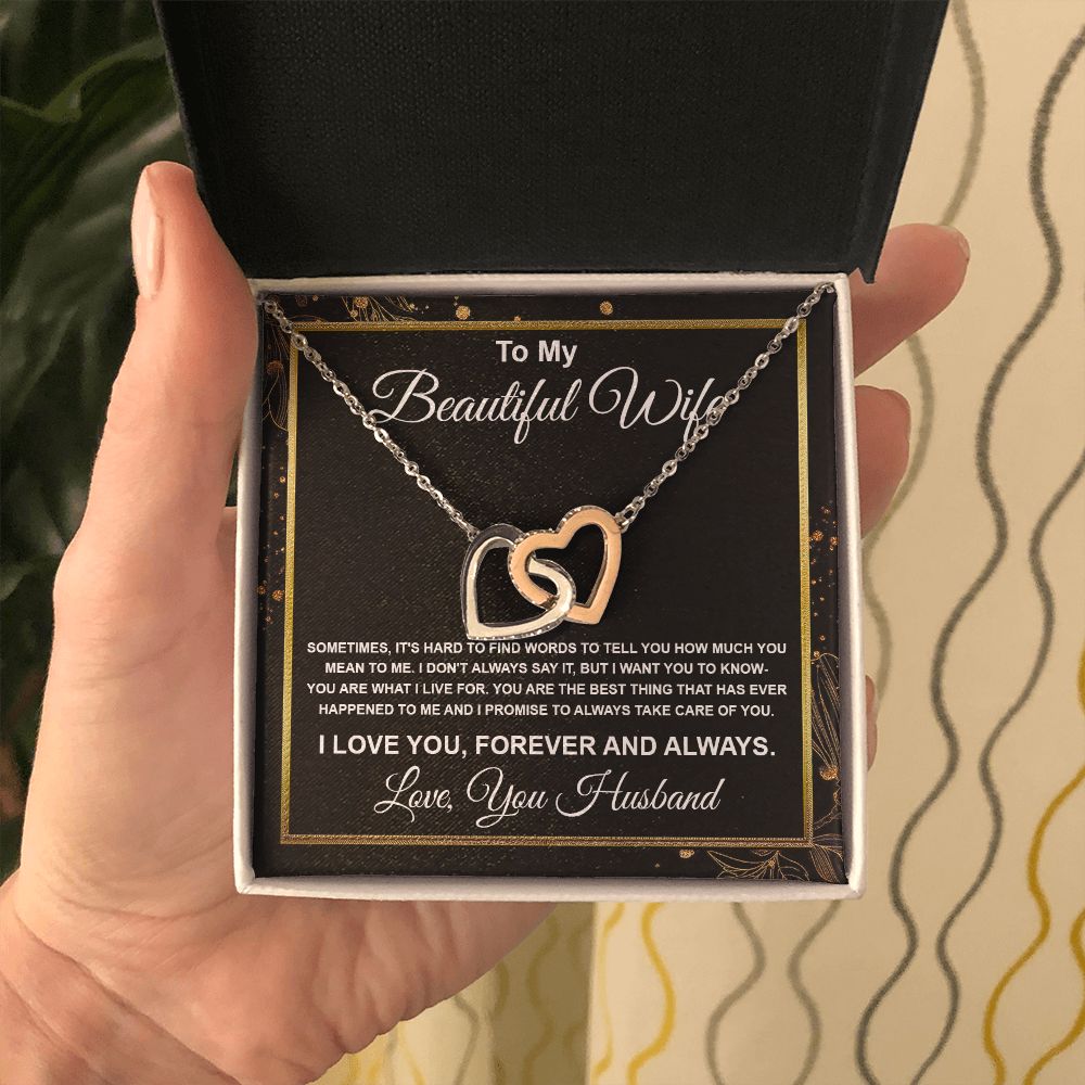 To My Beautiful Wife Necklace From Husband Pendant Jewelry with Message Card and Box Necklaces for Women Valentines Day Happy Anniversary Wedding Present for Birthday, Merry Christmas for Wife Interlocking Heart