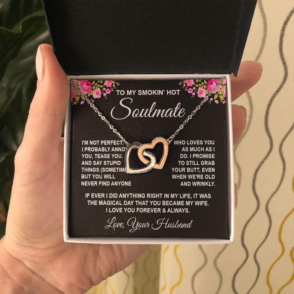 Soulmate Necklace Gifts from Husband, Wedding Gifts for Wife from Husband, Wife Birthday Gifts from Husband, To My Wife Necklace Message Card and Necklace Gifts Box Gift Box Styles on Birthday, Wedding, Anniversary, Valentine Interlocking Heart