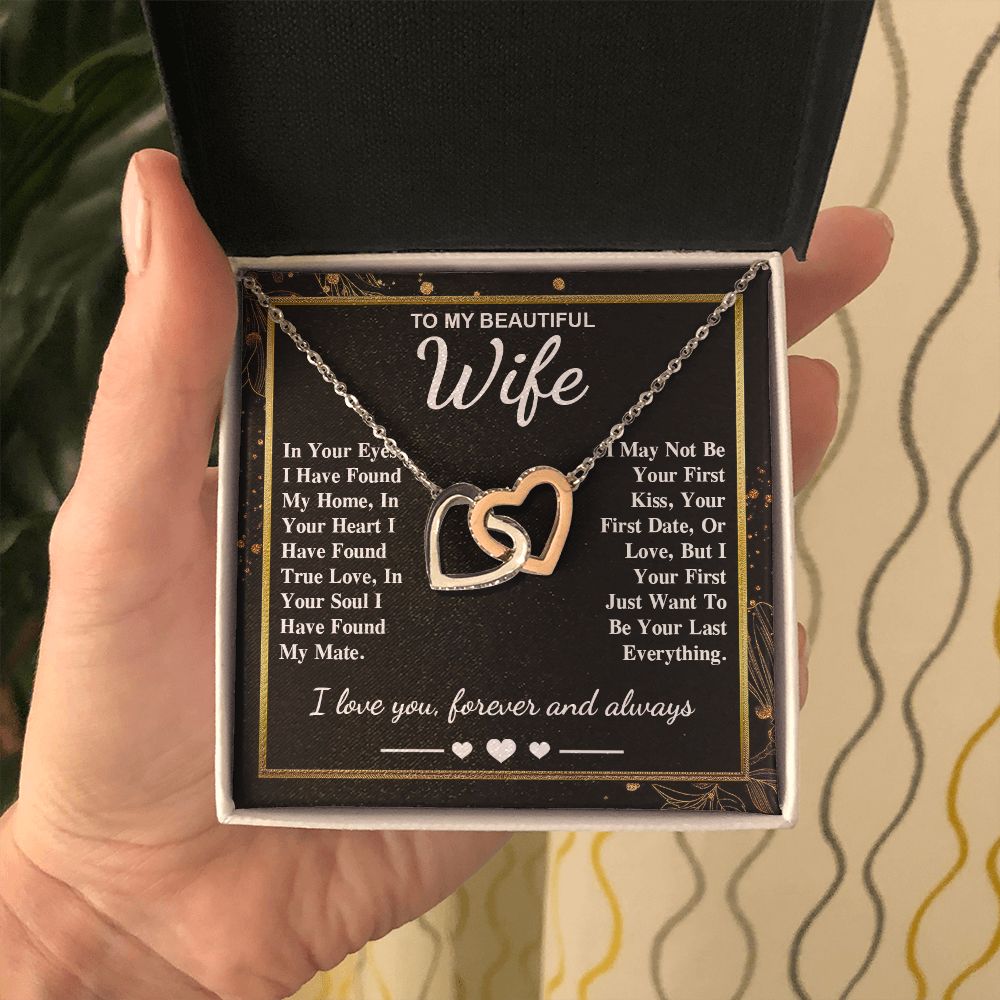 To My Beautiful Wife Necklace Gift, Soulmate for Wife Valentine Gifts from Husband, Wedding for Women, Soulmate Gifts, Message Card and Necklace Gifts Box Gift Box Styles on Birthday, Wedding, Anniversary, Valentine Interlocking Heart