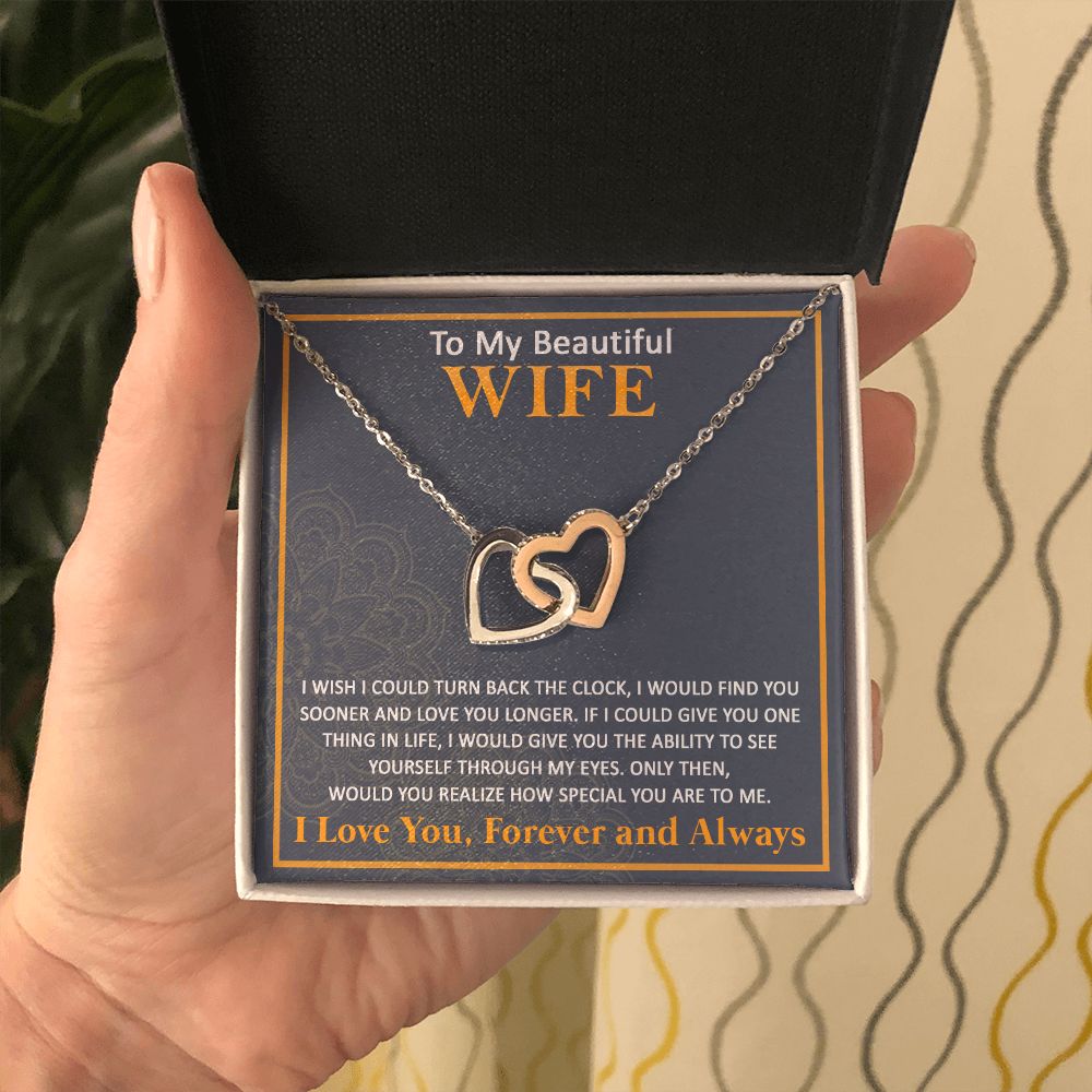 Couples Gifts, To My Beautiful Wife Necklace From Husband, Wedding Anniversary For Wife From Husband, Wife Wedding From Husband, To My Wife, Necklace Custom Name Message Card and Gift Box Styles on Birthday, Christmas, Wedding, Anniversary Interlocking He