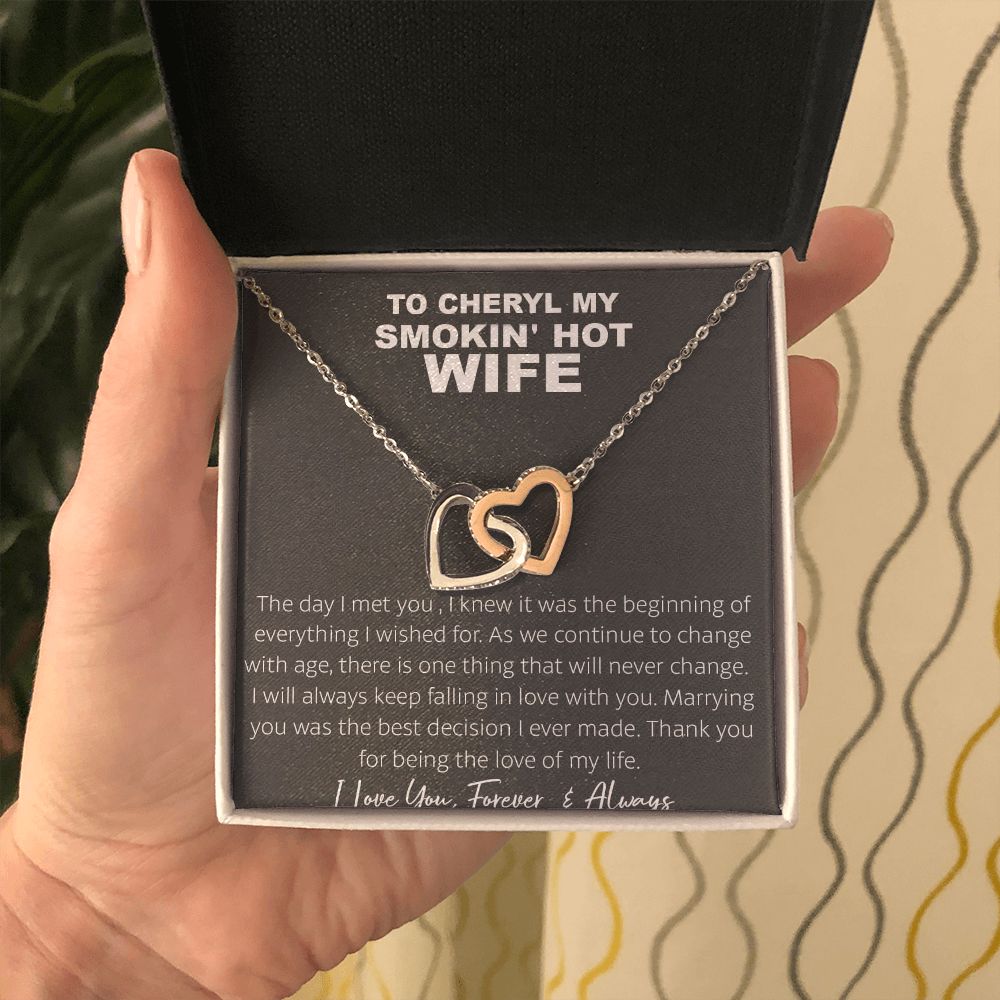 Couples Gifts, To My Smokin's Hot Wife Necklace, Bonus Necklace Gift For Her, Birthday Gift Necklaces Customer Name Message Card and Gift Box styles On Birthday, Christmas, Anniversary Interlocking Heart