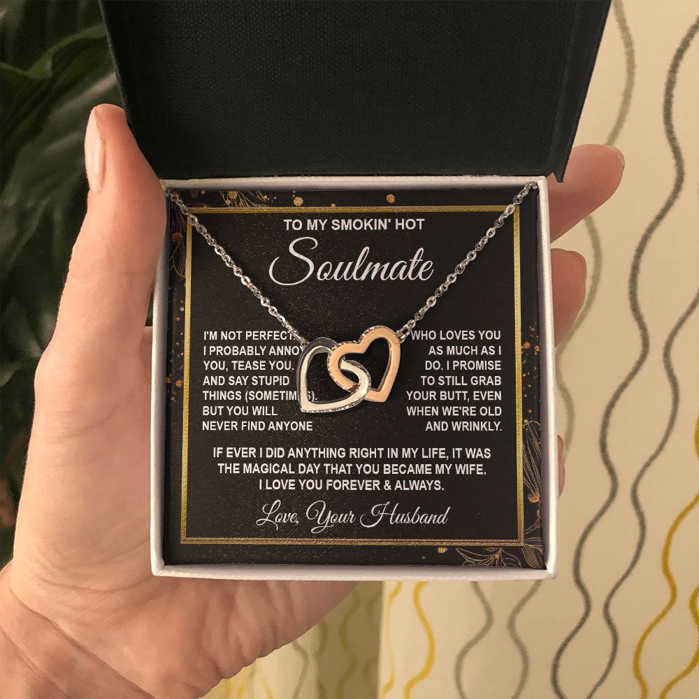 Soulmate Necklace Gifts from Husband, Anniversary Gifts for Wife from Husband, Wife Valentine Gift from Husband, To My Wife Necklace Message Card and Necklace Gifts Box Gift Box Styles on Birthday, Wedding, Anniversary, Valentine Interlocking Heart