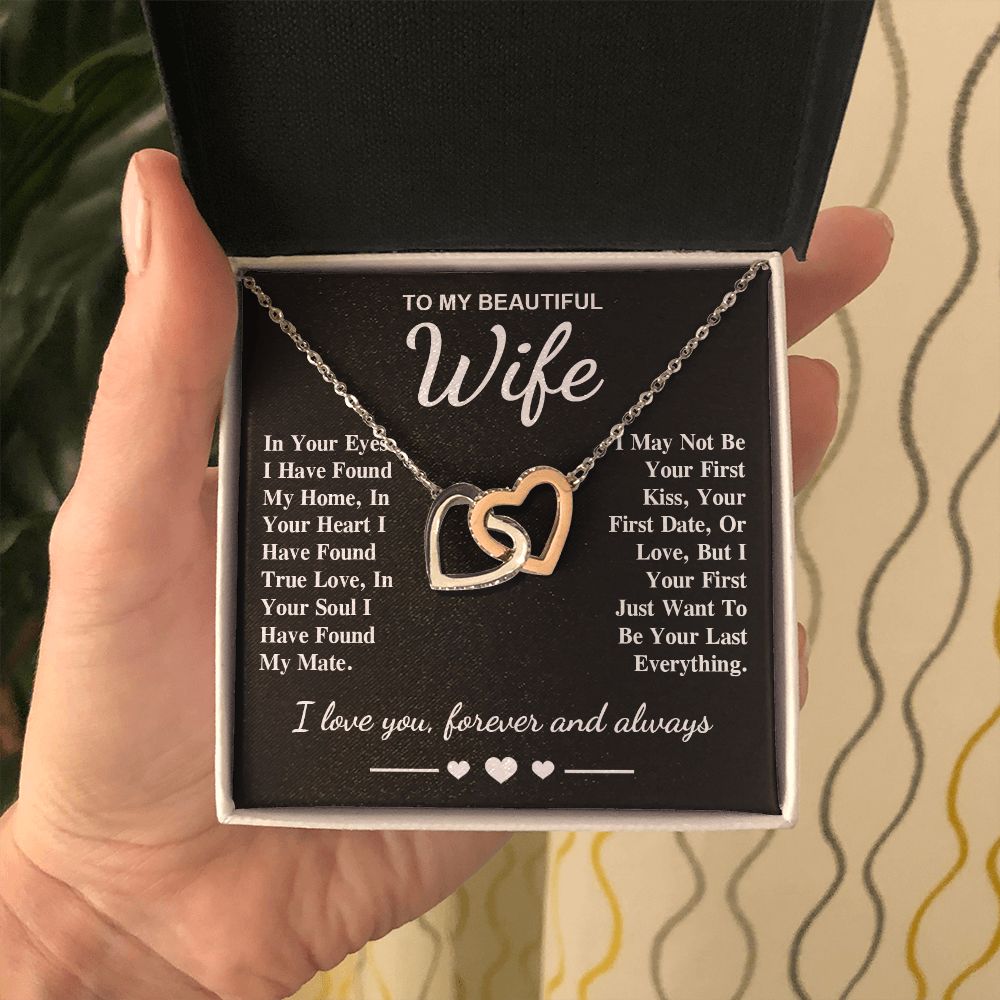 To My Beautiful Wife Necklace Gifts, Soulmate for Wife Birthday Gifts from Husband, Valentine for Women, Soulmate Gifts, Message Card and Necklace Gifts Box Gift Box Styles on Birthday, Wedding, Anniversary, Valentine Interlocking Heart