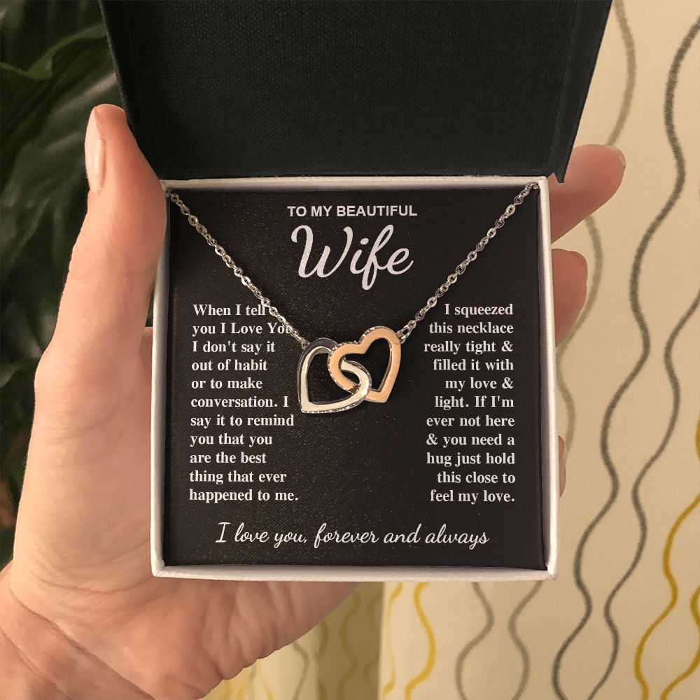 To My Beautiful Wife Necklace Gift for Her, Soulmate for Wife Birthday Gifts from Husband, Valentine for Women, Soulmate Gifts, Message Card and Necklace Gifts Box Gift Box Styles on Birthday, Wedding, Anniversary, Valentine Interlocking Heart