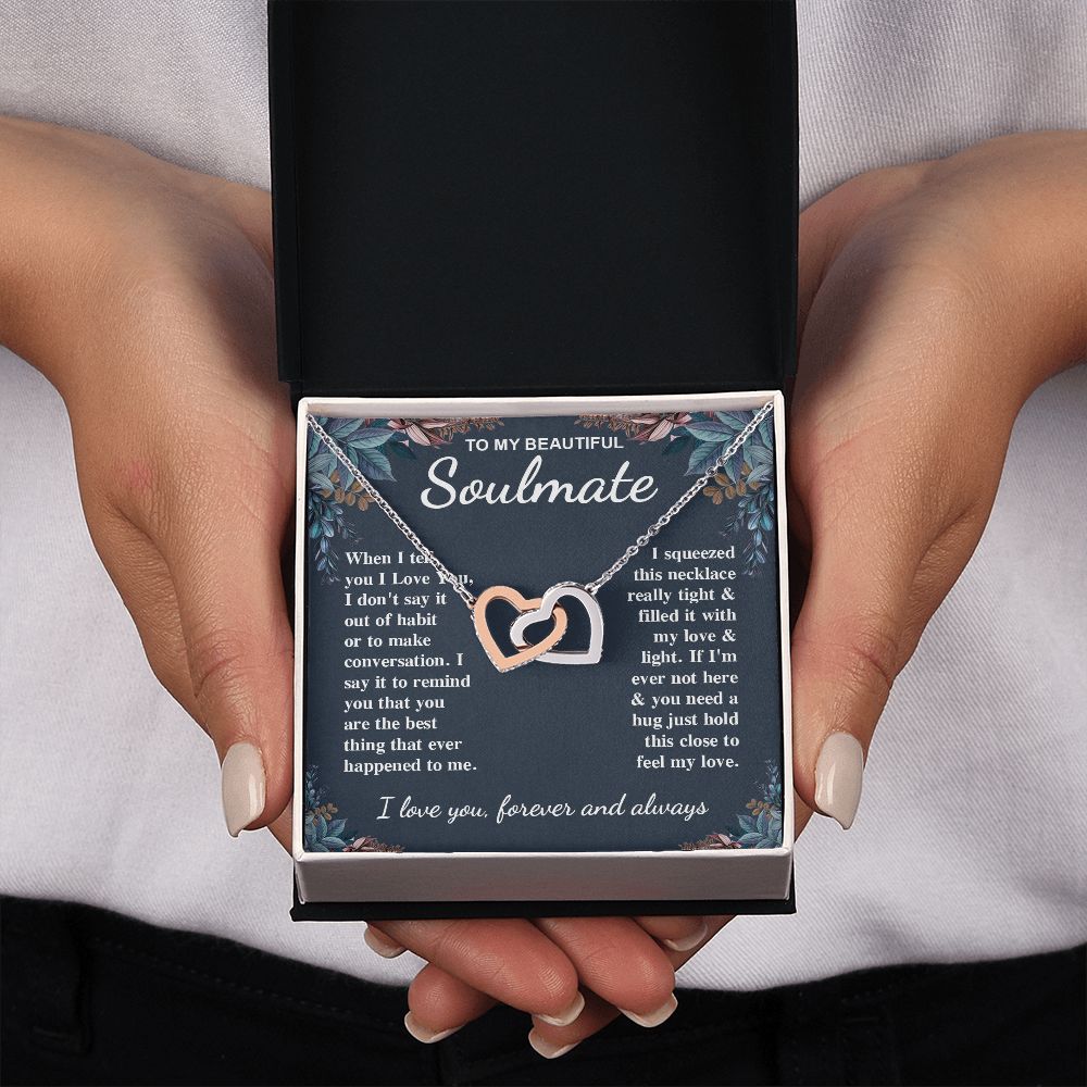 To My Beautiful Soulmate Necklace Gift for Her, Soulmate for Wife Valentine Gifts from Husband, Birthday for Women, Soulmate Gifts, Message Card and Necklace Gifts Box Gift Box Styles on Birthday, Wedding, Anniversary, Valentine Interlocking Heart