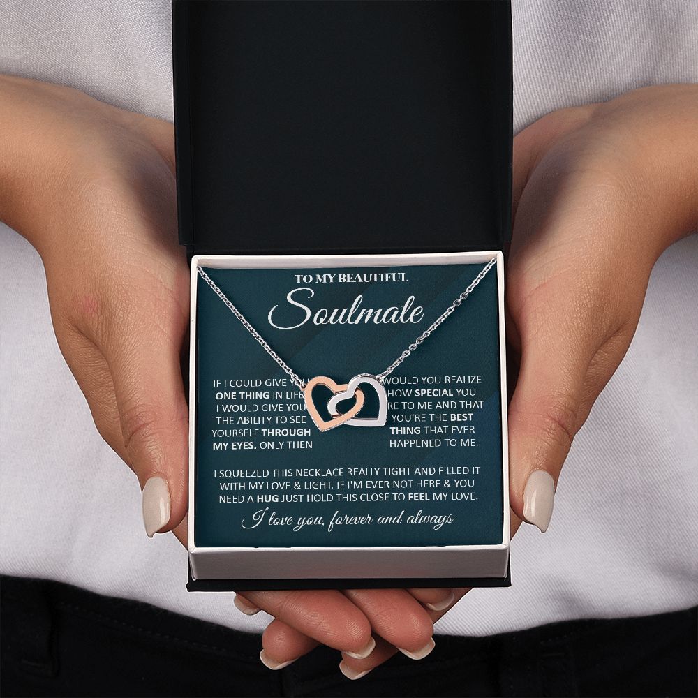 Couples Gifts, To My Beautiful Soulmate Necklace From Husband, Valentine For Wife From Husband, Wife Wedding From Husband, To My Wife, Necklace Custom Name Message Card and Gift Box Styles on Birthday, Christmas, Wedding, Anniversary Interlocking Heart