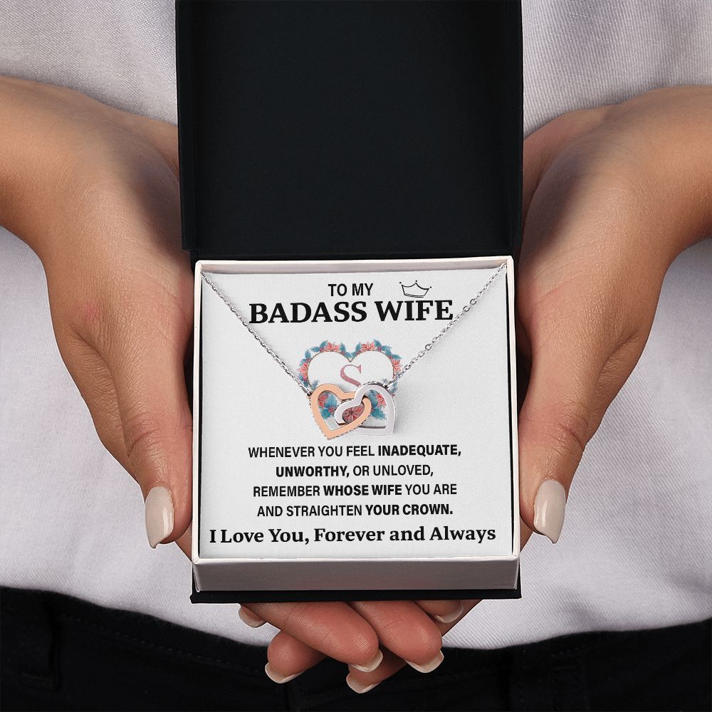 Wife Necklace Gifts From Husband To My Badass Wife Pendant Valentines Day Anniversary Jewelry with Message Card and Gift Box. Gift for Wife. Necklace Gift Set for Wife Interlocking Heart