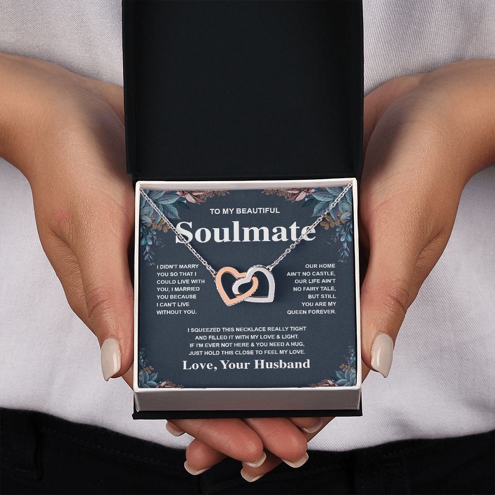 Soulmate Necklace Gift From Husband To My Badass Wife Valentines Days Anniversary Jewelry with Message Card and Gift Box. Gift for Wife. Necklace Gift Set for Wife Message Card and Necklace Gifts Box Gift Box Styles Interlocking Heart