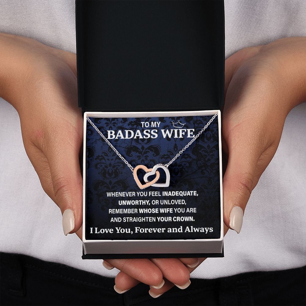 Wife Necklace Gift From Husband To My Badass Wife Pendant Valentines Day Birthday Jewelry with Message Card and Gift Box. Gift for Wife. Necklace Gift Set for Wife Necklace Gifts Box Gift Box Styles Interlocking Heart