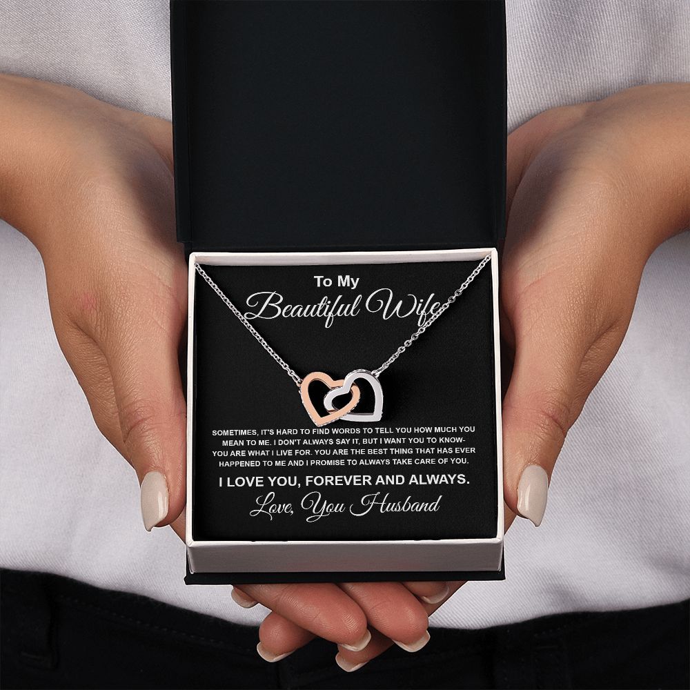 To My Beautiful Wife Necklace From Husband Pendant Jewelry with Message Card and Box Necklaces for Women Valentines Day Happy Anniversary Present for Birthday Merry Christmas for Wife Interlocking Heart