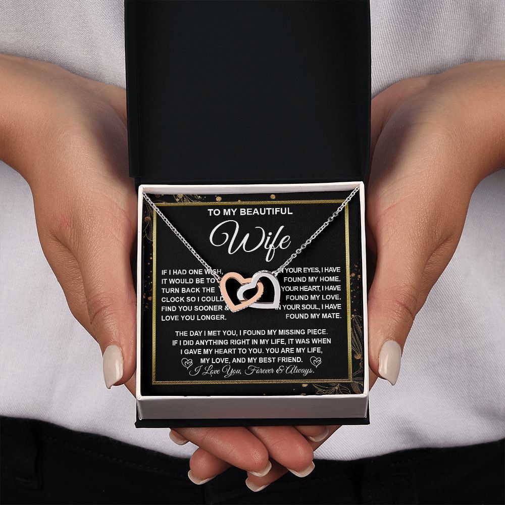 To My Beautiful Wife Necklace Gift for Her, Soulmate for Wife Valentine Gifts from Husband, Wedding Jewelry for Women, Soulmate Gifts, Message Card and Necklace Gifts Box Gift Box Styles on Birthday, Wedding, Anniversary, Valentine Interlocking Heart