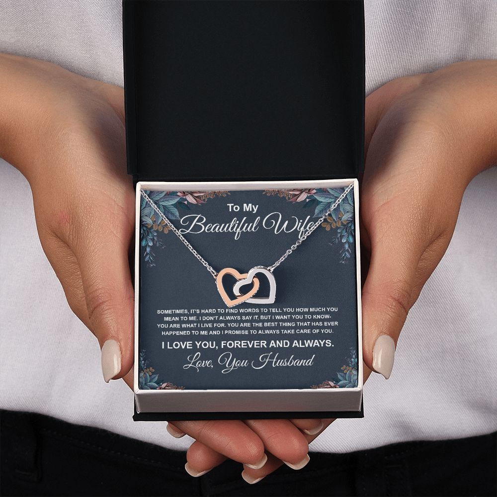 To My Beautiful Wife Necklace From Husband Pendant Jewelry with Message Card and Box Necklaces for Women Valentines Day Happy Anniversary Wedding Present for Birthday Merry Christmas for Wife Necklace Interlocking Heart