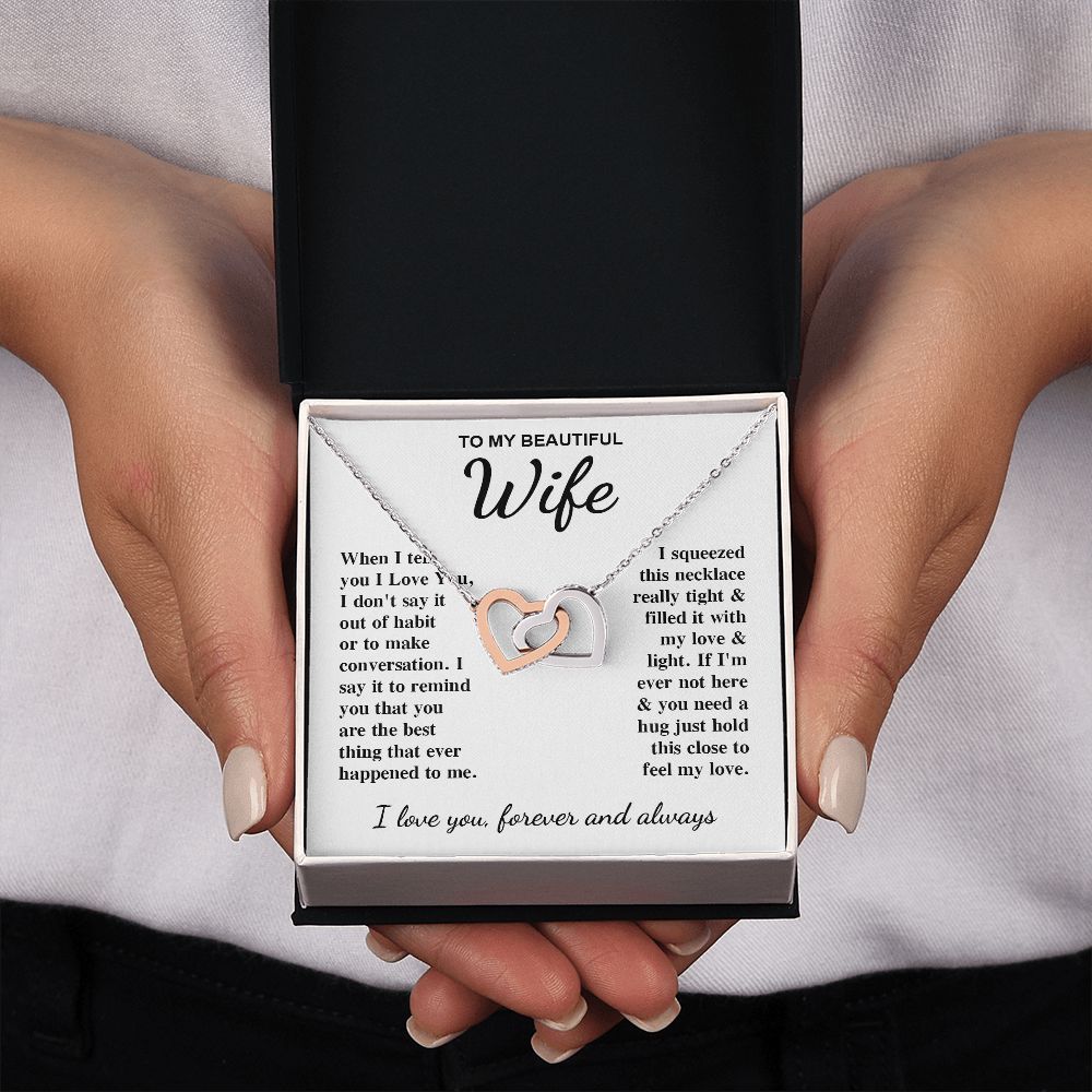 To My Beautiful Wife Necklace Gift for Her, Soulmate for Wife Birthday Gifts from Husband, Anniversary for Women, Soulmate Gifts, Message Card and Necklace Gifts Box Gift Box Styles on Birthday, Wedding, Anniversary, Valentine Interlocking Heart