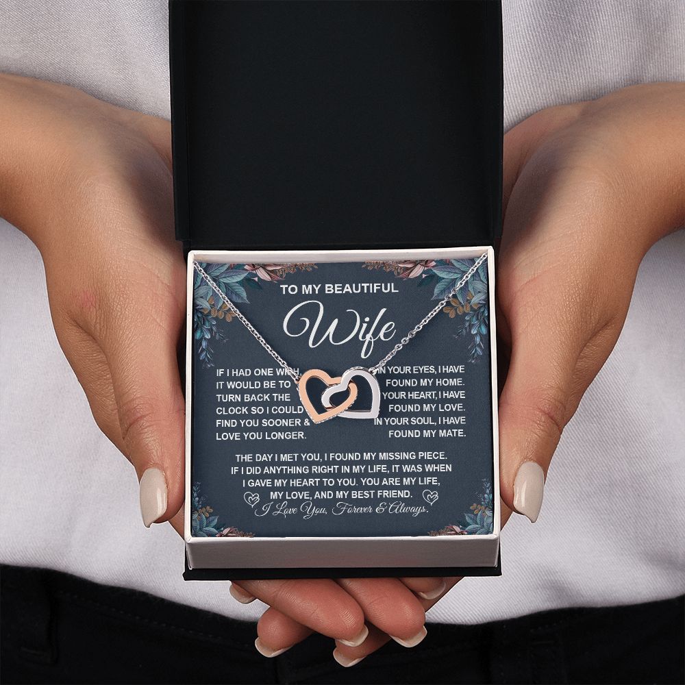 To My Beautiful Wife Necklace Gift for Her, Soulmate for Wife Valentine Gifts from Husband, Birthday Jewelry for Women, Soulmate Gifts, Message Card and Necklace Gifts Box Gift Box Styles on Birthday, Wedding, Anniversary, Valentine Interlocking Heart