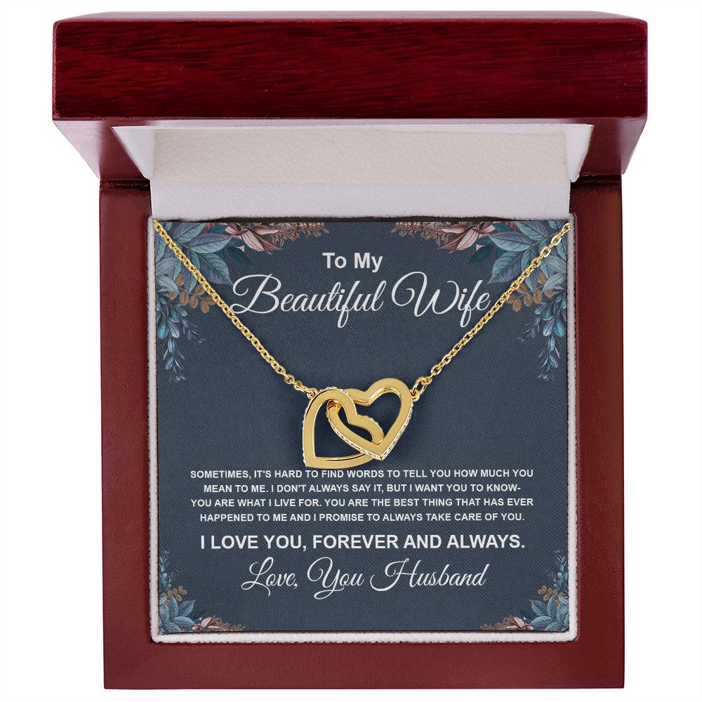 To My Beautiful Wife Necklace From Husband Pendant Jewelry with Message Card and Box Necklaces for Women Valentines Day Happy Anniversary Wedding Present for Birthday Merry Christmas for Wife Necklace Interlocking Heart