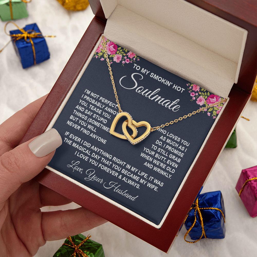 Soulmate Necklace Gifts from Husband, Wedding Anniversary Gifts for Wife from Husband, Wife Birthday Gifts from Husband, To My Wife Necklace Message Card and Necklace Gifts Box Gift Box Styles on Birthday, Wedding, Anniversary, Valentine Interlocking Hear