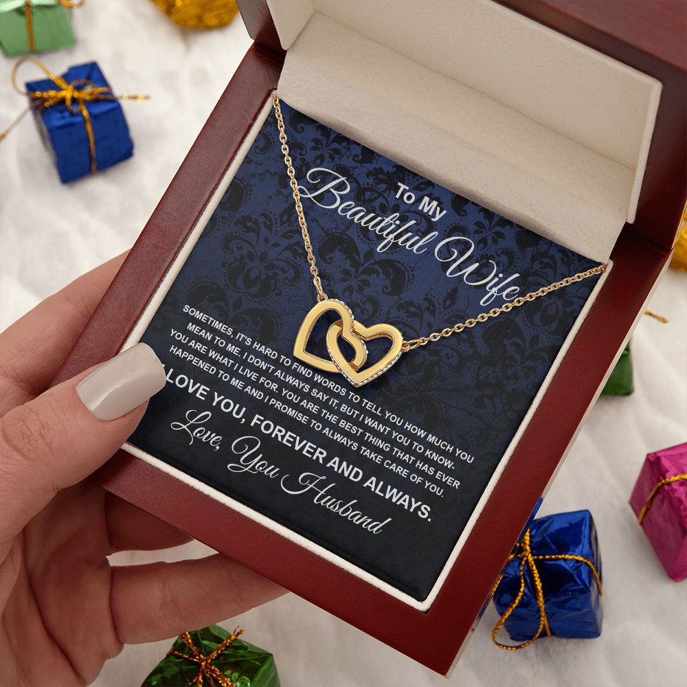 To My Beautiful Wife Necklace From Husband Pendant Jewelry with Message Card and Box Necklaces for Women Valentines Day Happy Anniversary Wedding Present for Birthday Merry Christmas for Wife Interlocking Heart