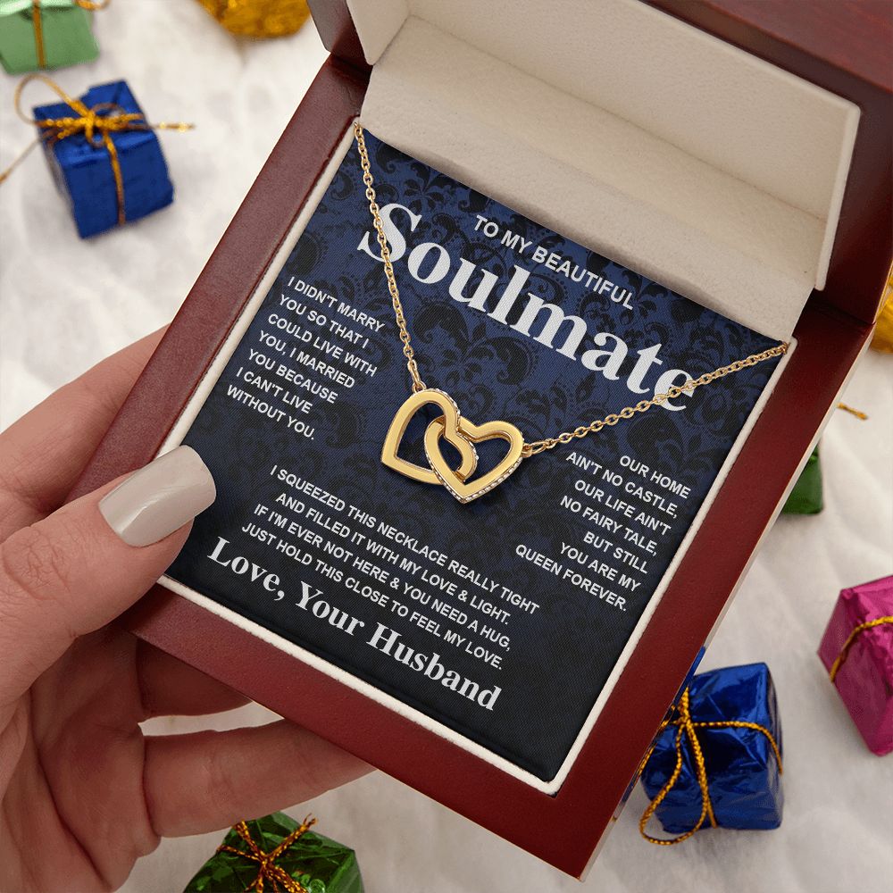 Soulmate Necklace Gift From Husband To My Badass Wife Valentines Day Anniversary Jewelry with Message Card and Gift Box. Gift for Wife. Necklace Gift Set for Wife Message Card and Necklace Gifts Box Gift Box Styles Interlocking Heart