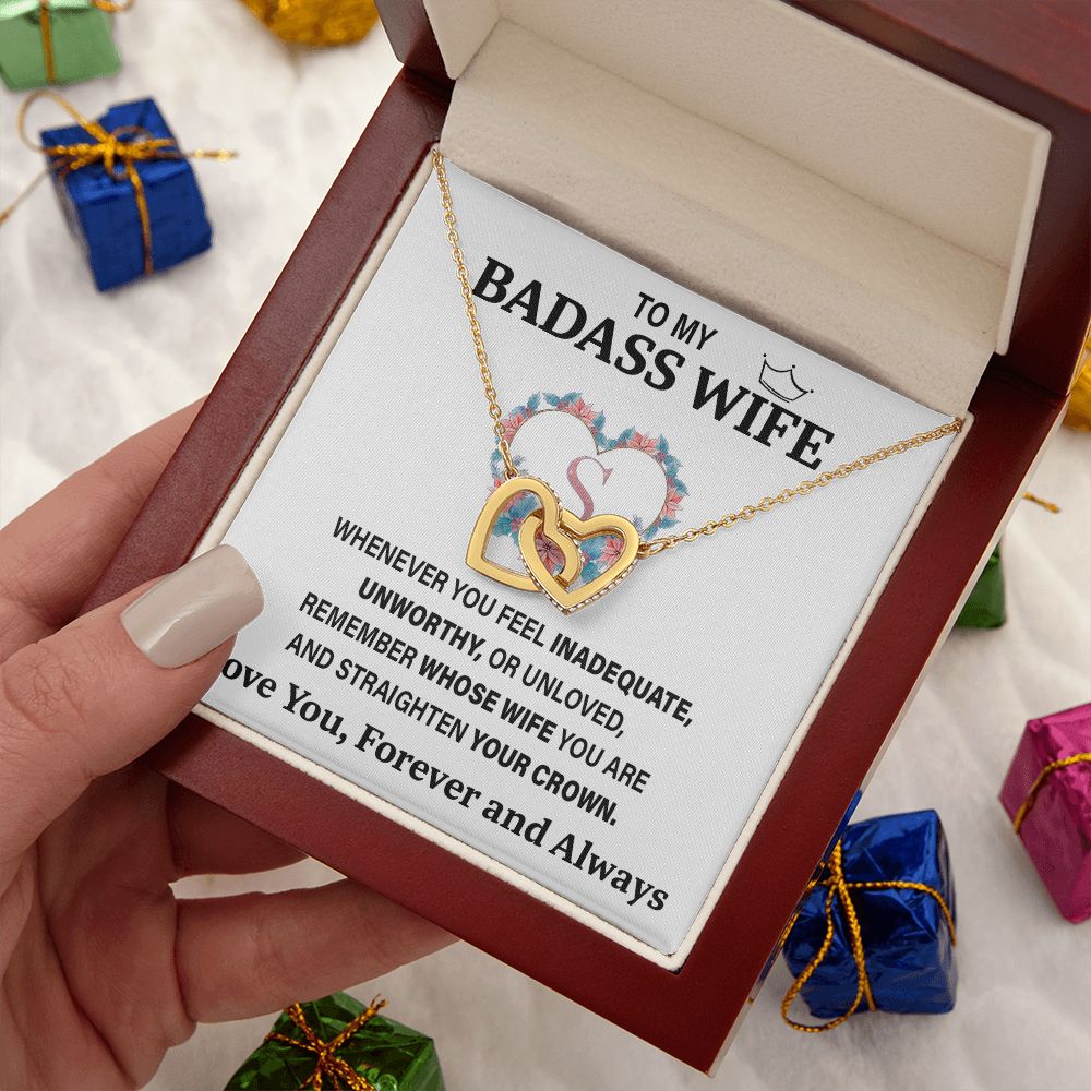 Wife Necklace Gifts From Husband To My Badass Wife Pendant Valentines Day Anniversary Jewelry with Message Card and Gift Box. Gift for Wife. Necklace Gift Set for Wife Interlocking Heart