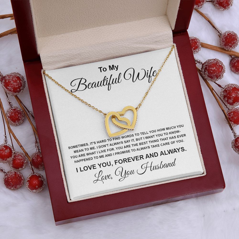 To My Beautiful Wife Necklace From Husband Pendant Jewelry with Message Card and Box Necklaces for Women Valentines Day Happy Wedding Present for Birthday Merry Christmas for Wife Interlocking Heart