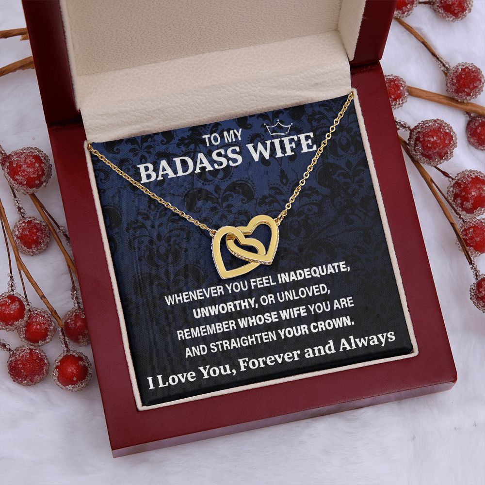 Wife Necklace Gift From Husband To My Badass Wife Pendant Valentines Day Birthday Jewelry with Message Card and Gift Box. Gift for Wife. Necklace Gift Set for Wife Necklace Gifts Box Gift Box Styles Interlocking Heart