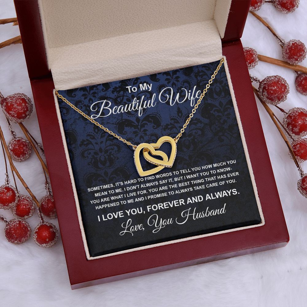 To My Beautiful Wife Necklace From Husband Pendant Jewelry with Message Card and Box Necklaces for Women Valentines Day Happy Anniversary Wedding Present for Birthday Merry Christmas for Wife Interlocking Heart