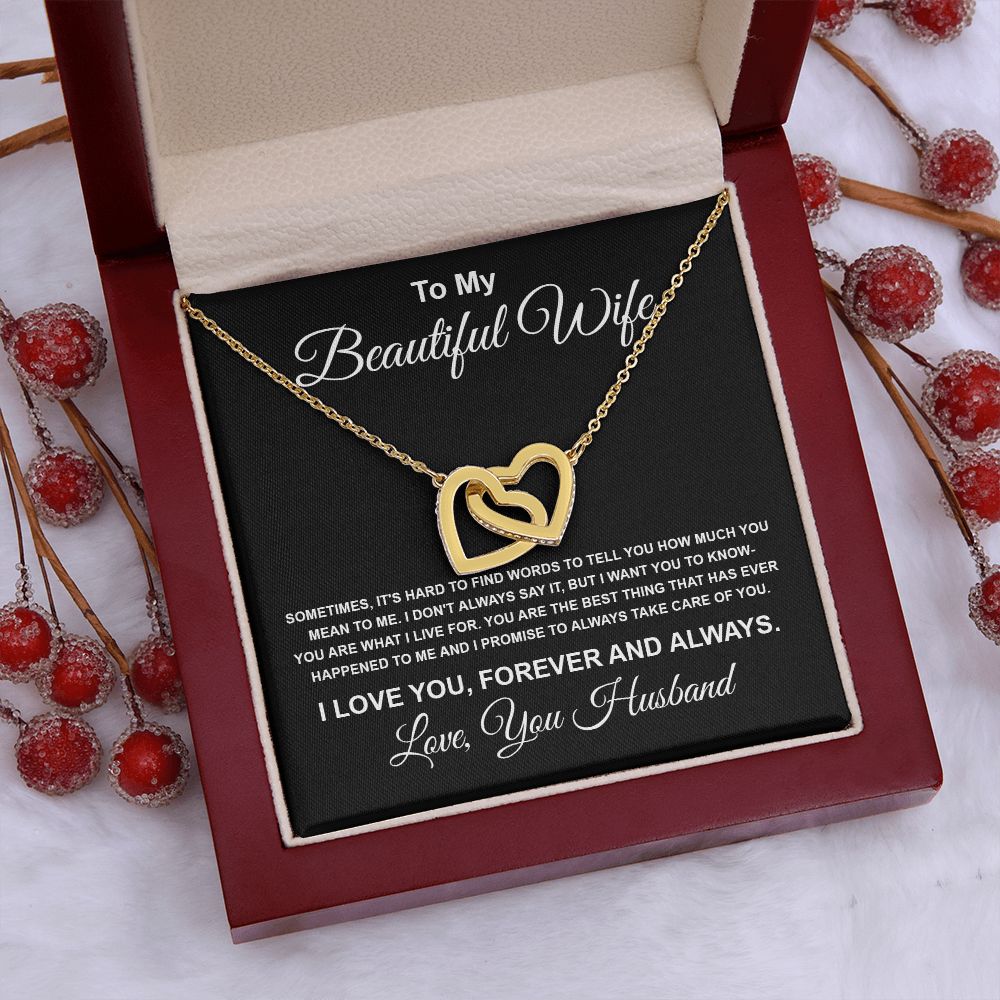 To My Beautiful Wife Necklace From Husband Pendant Jewelry with Message Card and Box Necklaces for Women Valentines Day Happy Anniversary Present for Birthday Merry Christmas for Wife Interlocking Heart