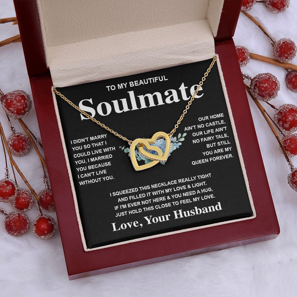 Soulmate Necklace Gift From Husband To My Badass Wife Pendant Valentines Day Anniversary Jewelry with Message Card and Gift Box. Gift for Wife. Necklace Gift Set for Wife Interlocking Heart