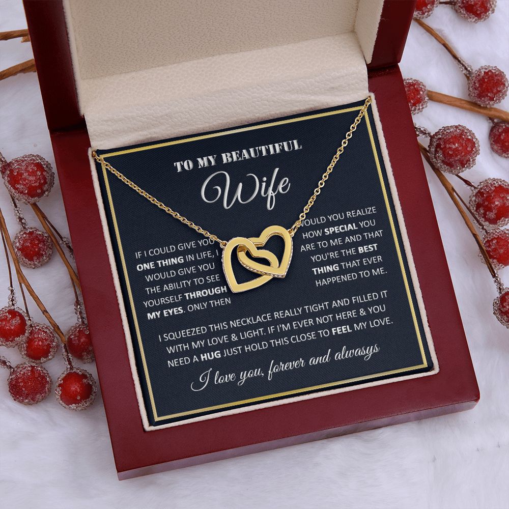 Couples Gifts, My Beautiful Wife Necklace Gifts From Husband, Wedding Anniversary For Wife From Husband, To My Beautiful Soulmate Necklace, Necklace Custom Name Message Card and Gift Box Styles on Birthday, Christmas, Wedding, Anniversary Interlocking Hea