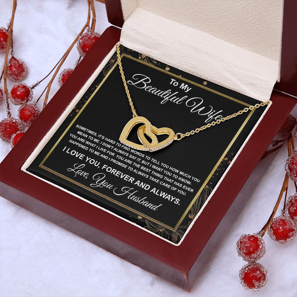 To My Beautiful Wife Necklace From Husband Pendant Jewelry with Message Card and Box Necklaces for Women Valentines Day Happy Anniversary Wedding Present for Birthday, Merry Christmas for Wife Interlocking Heart