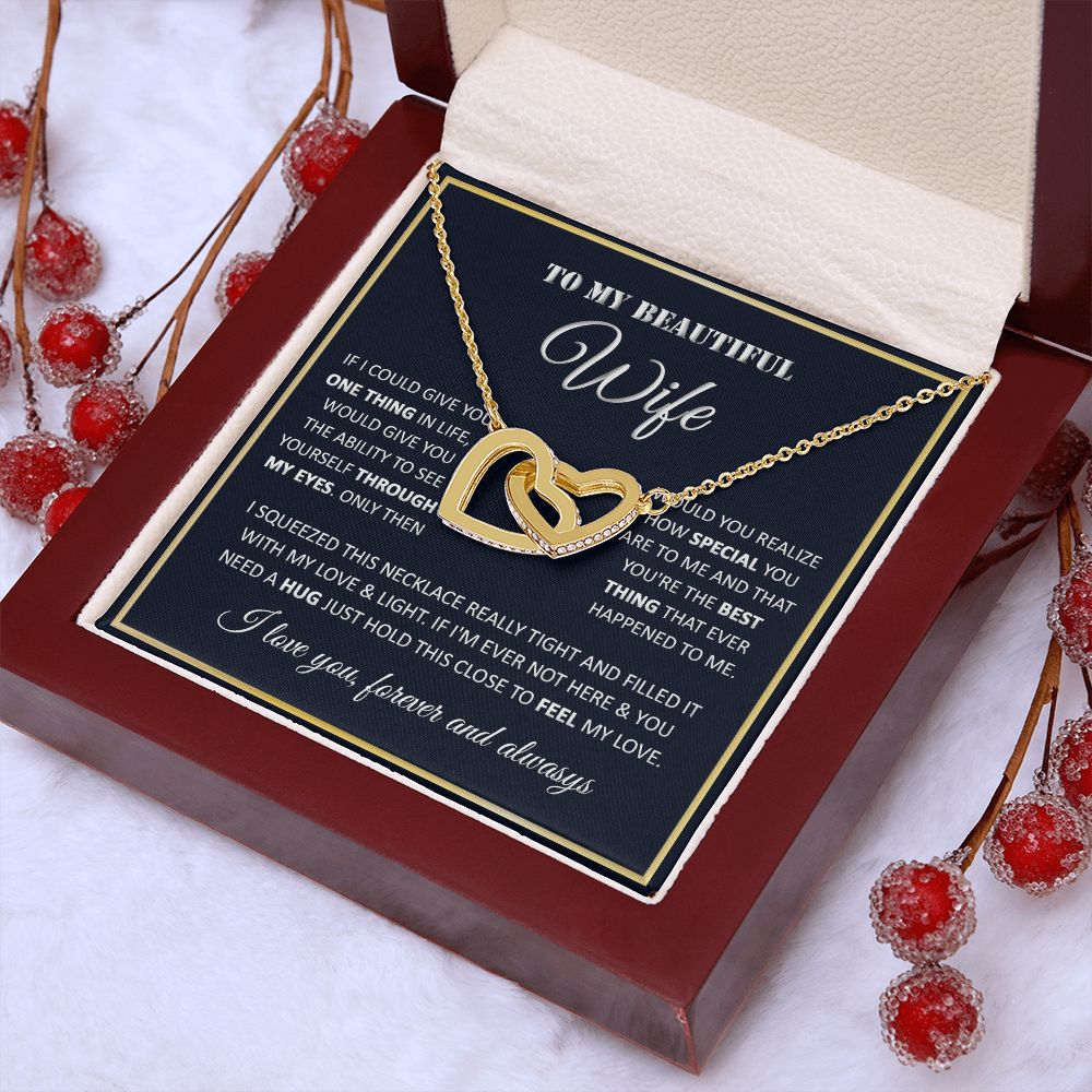 Couples Gifts, My Beautiful Wife Necklace Gifts From Husband, Wedding Anniversary For Wife From Husband, To My Beautiful Soulmate Necklace, Necklace Custom Name Message Card and Gift Box Styles on Birthday, Christmas, Wedding, Anniversary Interlocking Hea