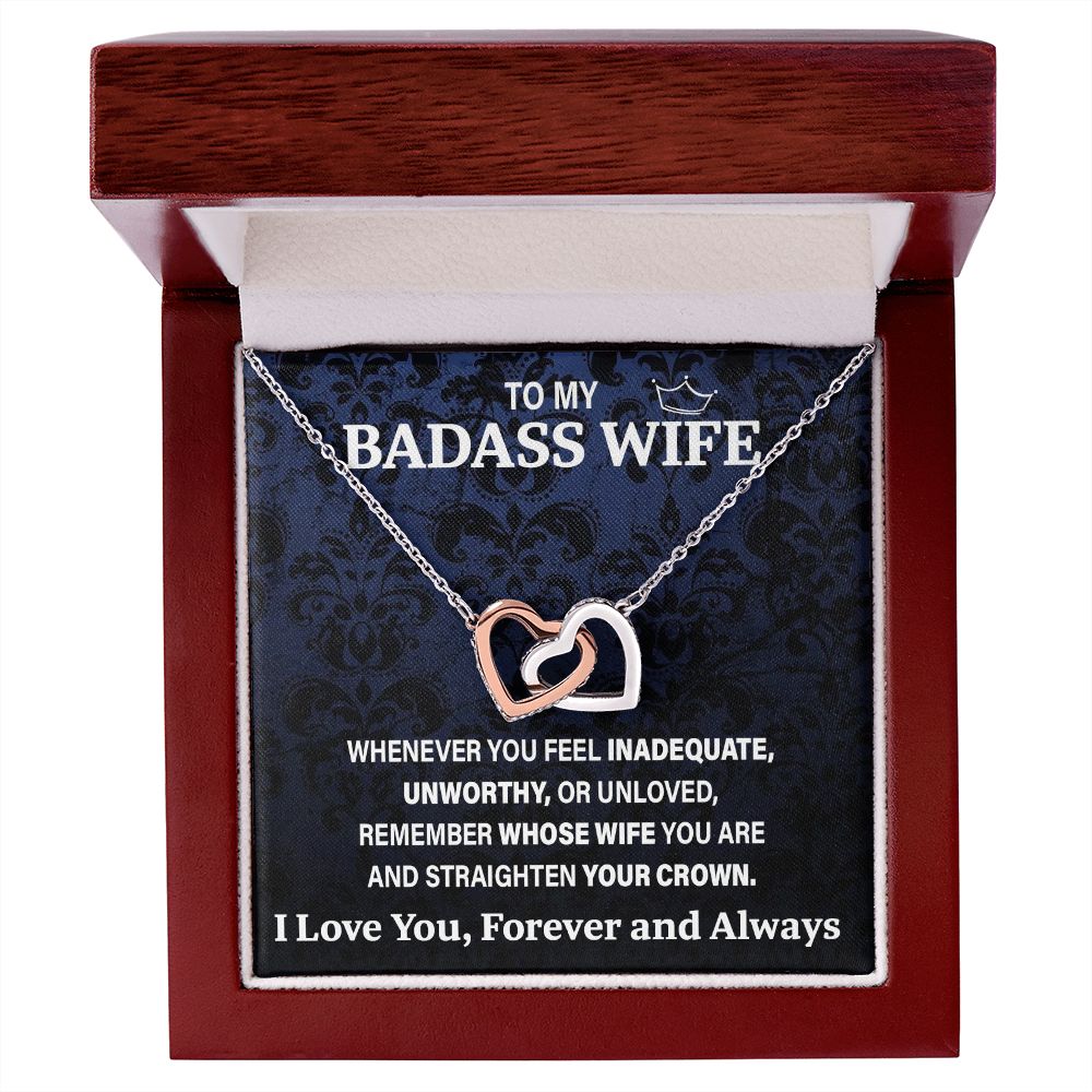 Wife Necklace Gift From Husband To My Badass Wife Pendant Valentines Day Birthday Jewelry with Message Card and Gift Box. Gift for Wife. Necklace Gift Set for Wife Necklace Gifts Box Gift Box Styles Interlocking Heart