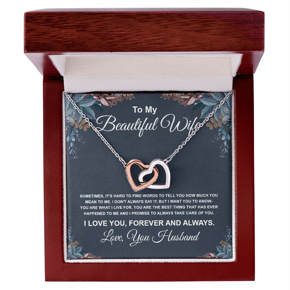 To My Beautiful Wife Necklace From Husband Pendant Jewelry with Message Card and Box Necklaces for Women Valentines Day Happy Anniversary Wedding Present for Birthday Merry Christmas for Wife Necklace Interlocking Heart