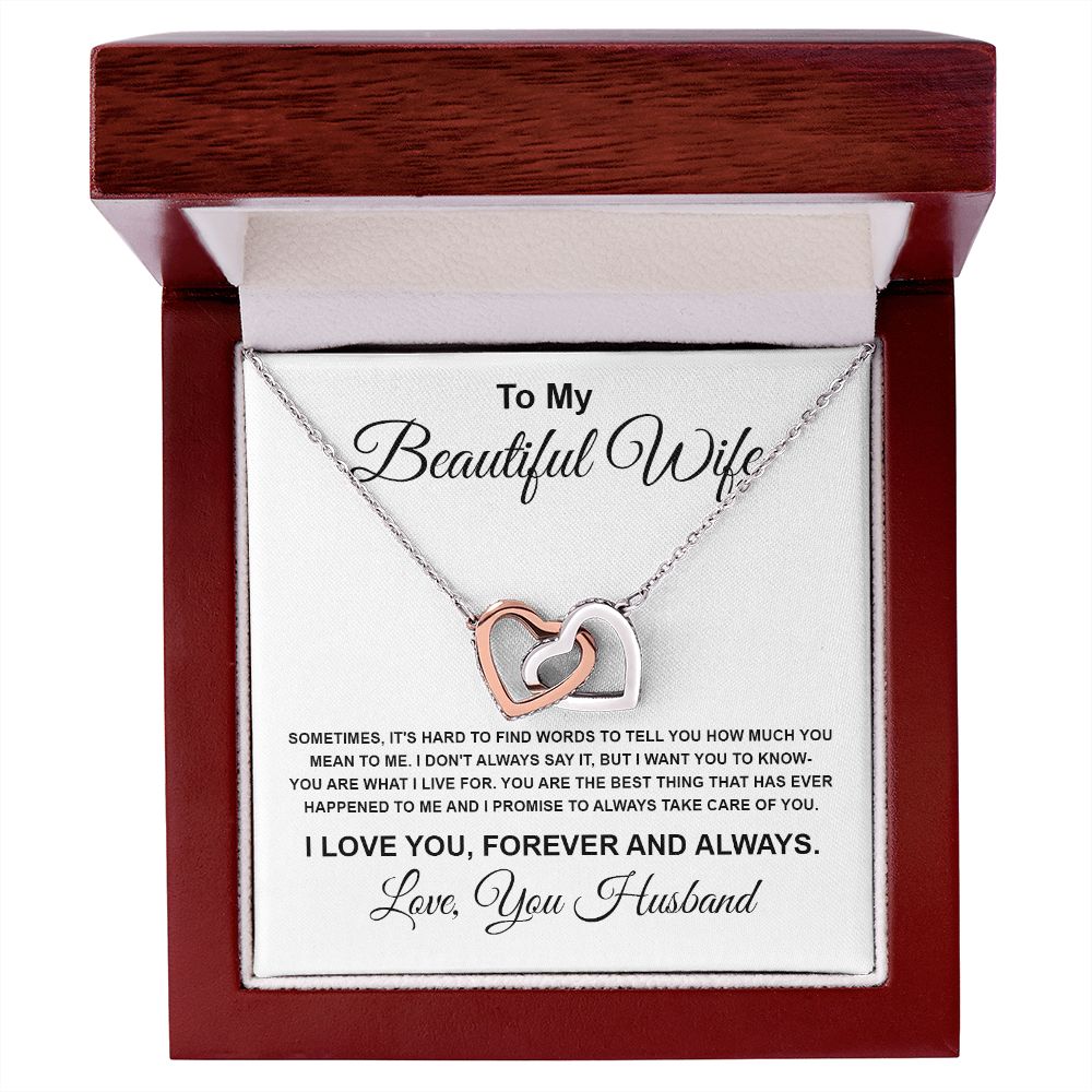 To My Beautiful Wife Necklace From Husband Pendant Jewelry with Message Card and Box Necklaces for Women Valentines Day Happy Wedding Present for Birthday Merry Christmas for Wife Interlocking Heart