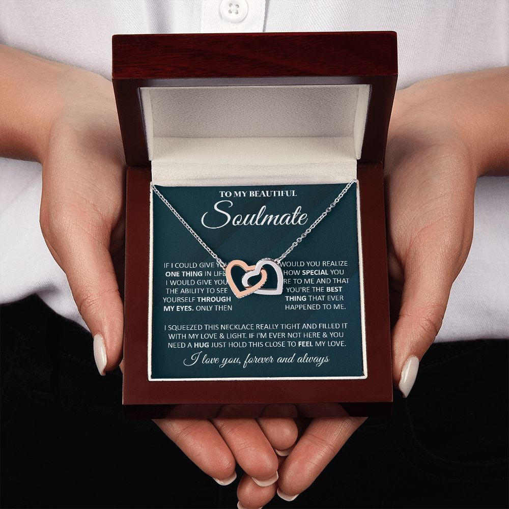Couples Gifts, To My Beautiful Soulmate Necklace From Husband, Valentine For Wife From Husband, Wife Wedding From Husband, To My Wife, Necklace Custom Name Message Card and Gift Box Styles on Birthday, Christmas, Wedding, Anniversary Interlocking Heart
