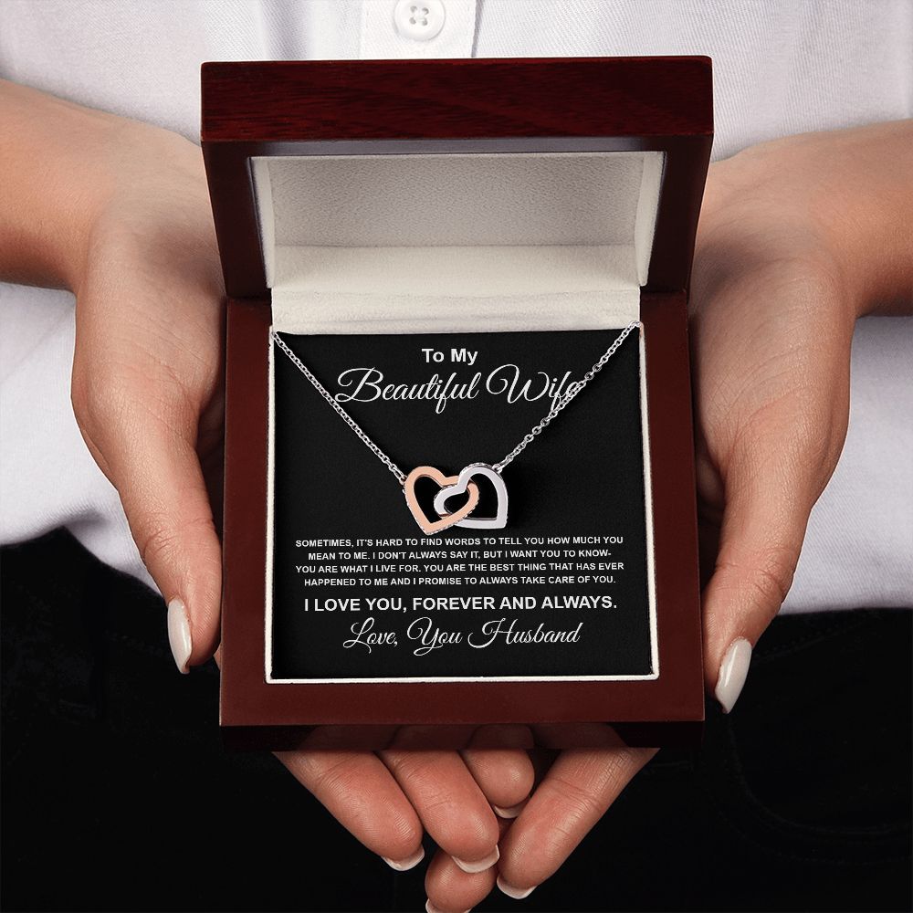 To My Beautiful Wife Necklace From Husband Pendant Jewelry with Message Card and Box Necklaces for Women Valentines Day Happy Anniversary Present for Birthday Merry Christmas for Wife Interlocking Heart
