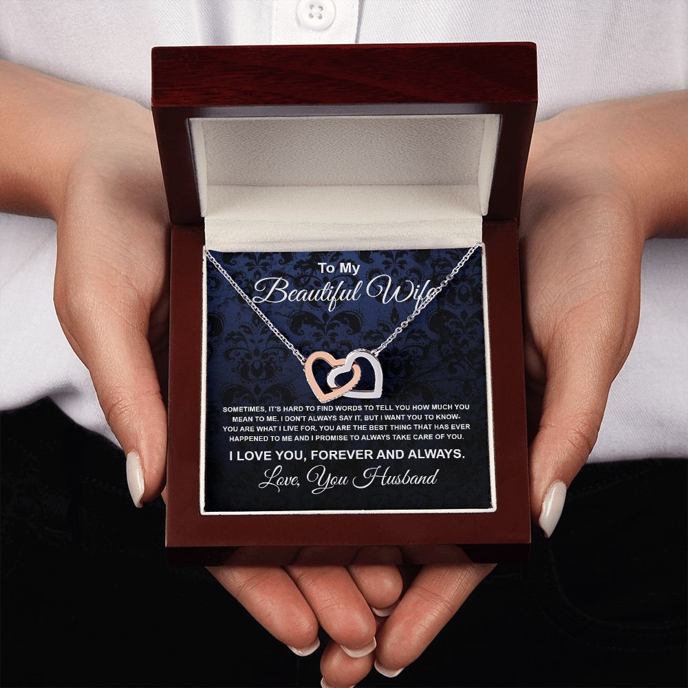 To My Beautiful Wife Necklace From Husband Pendant Jewelry with Message Card and Box Necklaces for Women Valentines Day Happy Anniversary Wedding Present for Birthday Merry Christmas for Wife Interlocking Heart