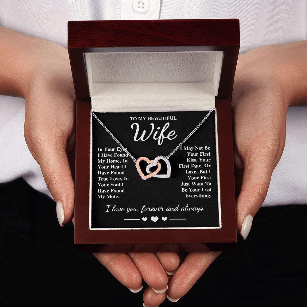 To My Beautiful Wife Necklace Gifts, Soulmate for Wife Birthday Gifts from Husband, Valentine for Women, Soulmate Gifts, Message Card and Necklace Gifts Box Gift Box Styles on Birthday, Wedding, Anniversary, Valentine Interlocking Heart