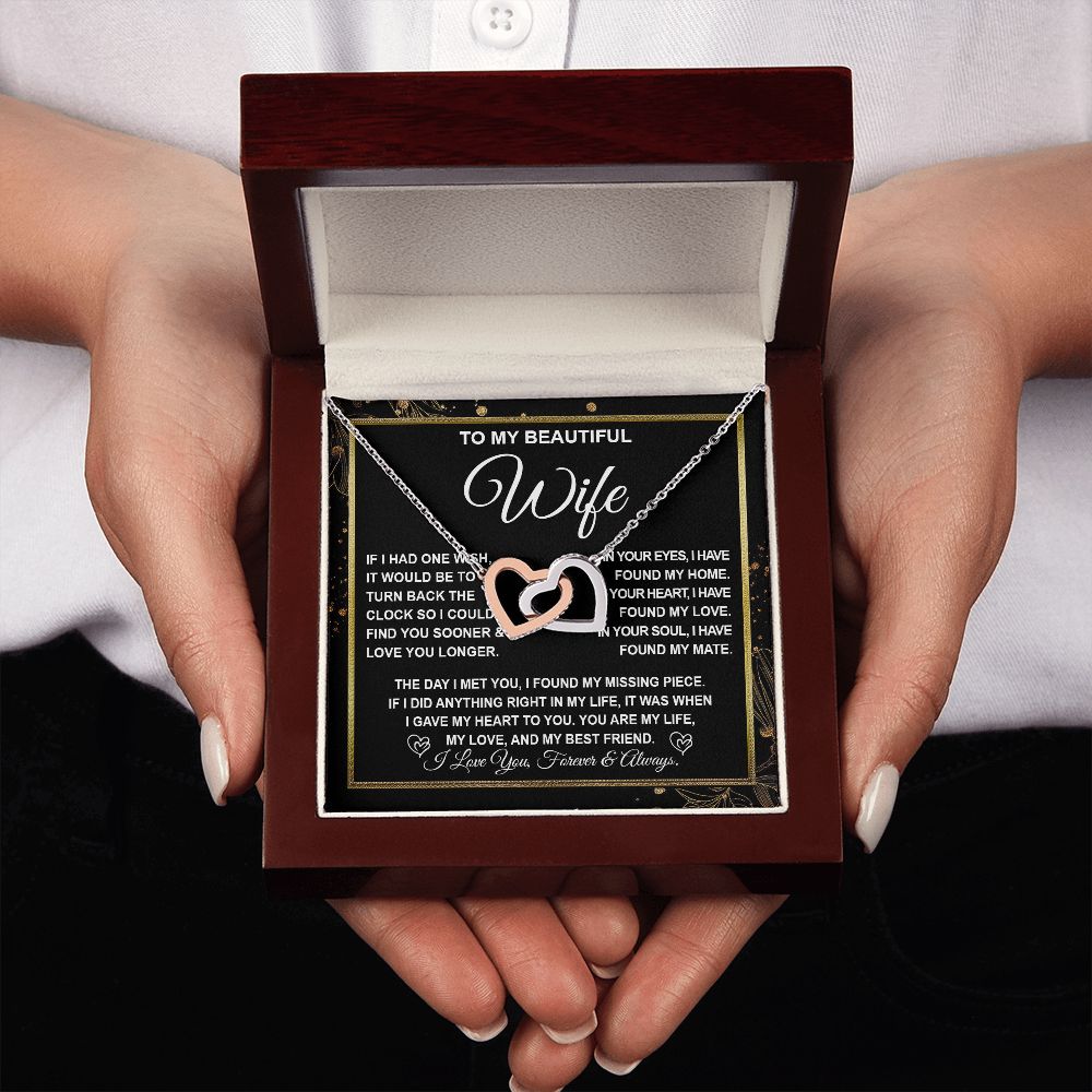 To My Beautiful Wife Necklace Gift for Her, Soulmate for Wife Valentine Gifts from Husband, Wedding Jewelry for Women, Soulmate Gifts, Message Card and Necklace Gifts Box Gift Box Styles on Birthday, Wedding, Anniversary, Valentine Interlocking Heart