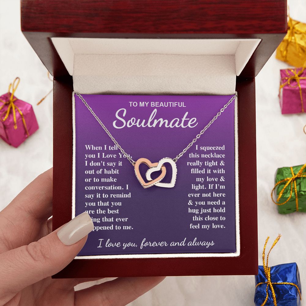 To My Beautiful Soulmate Necklace Gift for Her, Soulmate for Wife Birthday Gifts from Husband, Valentine for Women, Soulmate Gifts, Message Card and Necklace Gifts Box Gift Box Styles on Birthday, Wedding, Anniversary, Valentine Interlocking Heart