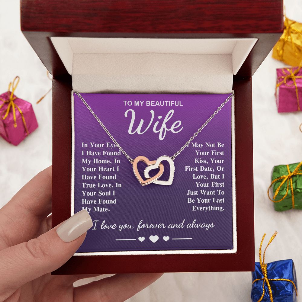 To My Beautiful Wife Necklace Gift, Soulmate for Wife Birthday Gifts from Husband, Valentine for Women, Soulmate Gifts, Message Card and Necklace Gifts Box Gift Box Styles on Birthday, Wedding, Anniversary, Valentine Interlocking Heart