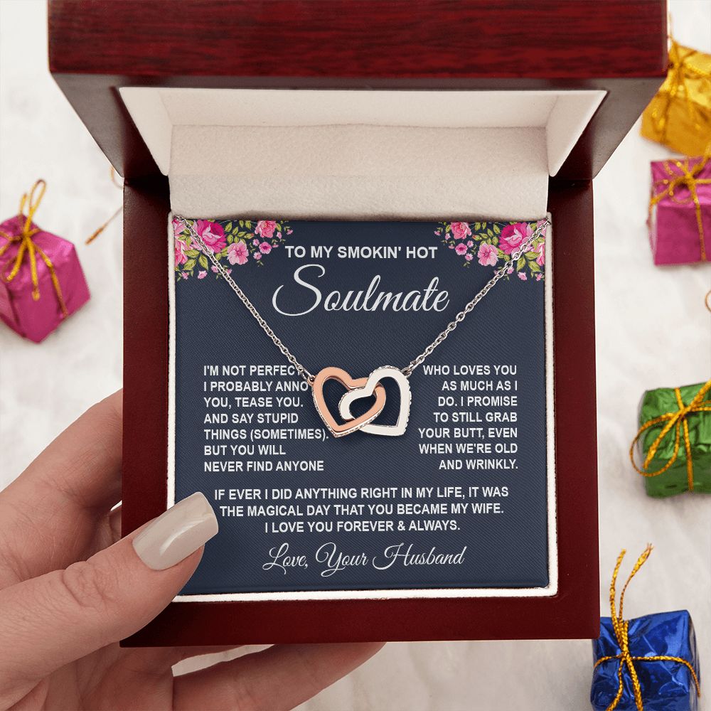 Soulmate Necklace Gifts from Husband, Wedding Anniversary Gifts for Wife from Husband, Wife Birthday Gifts from Husband, To My Wife Necklace Message Card and Necklace Gifts Box Gift Box Styles on Birthday, Wedding, Anniversary, Valentine Interlocking Hear