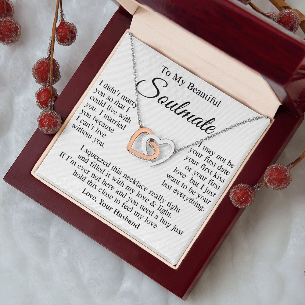 Soulmate Necklace Gift From Husband, Wedding Anniversary Romantic Gifts for Wife from Husband, Soulmate Birthday Gifts Message Card and Necklace Gifts Box Gift Box Styles on Birthday, Wedding, Anniversary, Valentine Interlocking Heart
