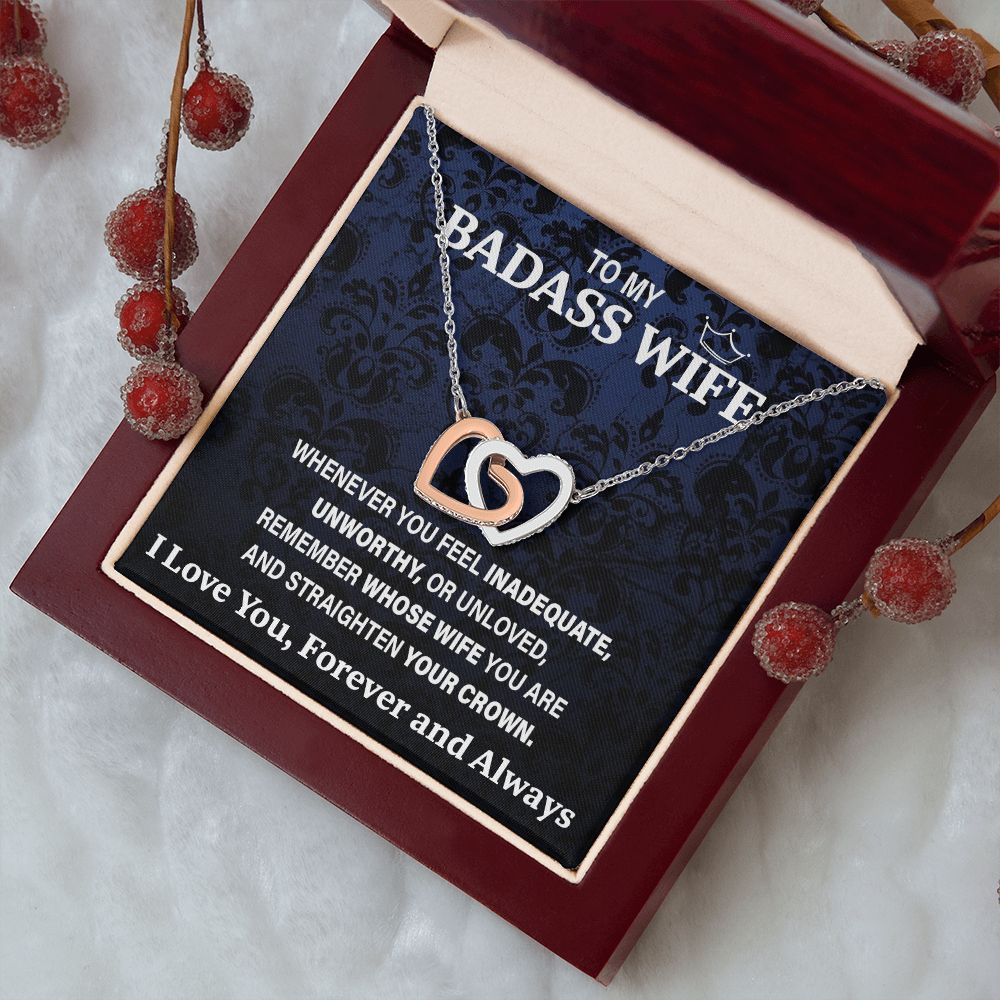 Wife Necklace Gift From Husband To My Badass Wife Pendant Valentines Day Birthday Jewelry with Message Card and Gift Box. Gift for Wife. Necklace Gift Set for Wife Necklace Gifts Box Gift Box Styles Interlocking Heart