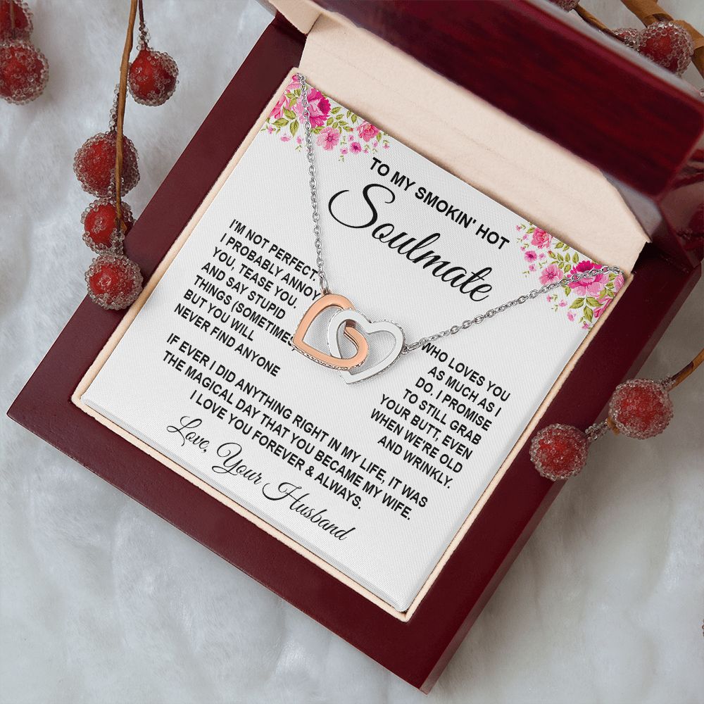 Soulmate Necklace Gifts from Husband, Wedding Anniversary Gifts for Wife from Husband, Wife Valentine Gifts from Husband, To My Wife Necklace Message Card and Necklace Gifts Box Gift Box Styles on Birthday, Wedding, Anniversary, Valentine Interlocking Hea