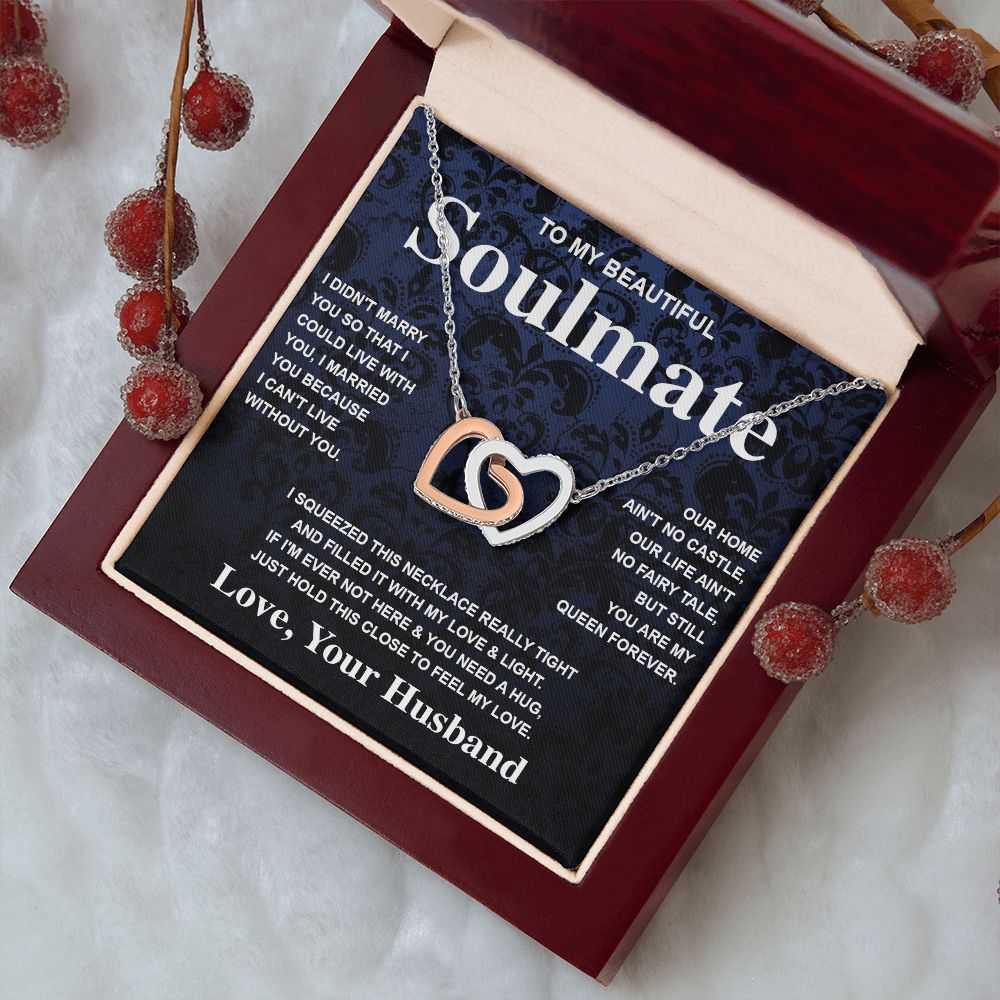 Soulmate Necklace Gift From Husband To My Badass Wife Valentines Day Anniversary Jewelry with Message Card and Gift Box. Gift for Wife. Necklace Gift Set for Wife Message Card and Necklace Gifts Box Gift Box Styles Interlocking Heart