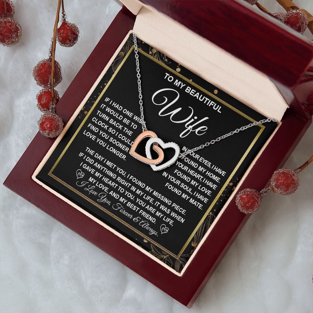 To My Beautiful Wife Necklace Gift for Her, Soulmate for Wife Valentine Gifts from Husband, Wedding Jewelry for Women, Soulmate Gifts, Message Card and Necklace Gifts Box Gift Box Styles on Birthday, Wedding, Anniversary, Valentine Interlocking Heart