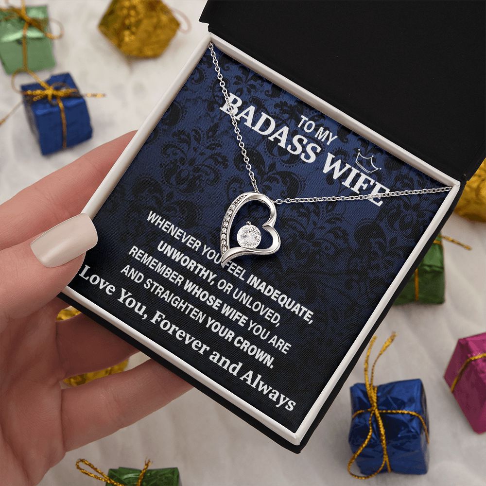 Wife Necklace Gift From Husband To My Badass Wife Pendant Valentines Day Birthday Jewelry with Message Card and Gift Box. Gift for Wife. Necklace Gift Set for Wife Necklace Gifts Box Gift Box Styles Forever Love
